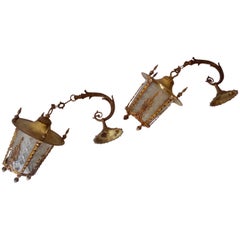 Pair of Regency Style Lanterns, Italy, Gilted Bronze 24-Karat, Beveled Cristal