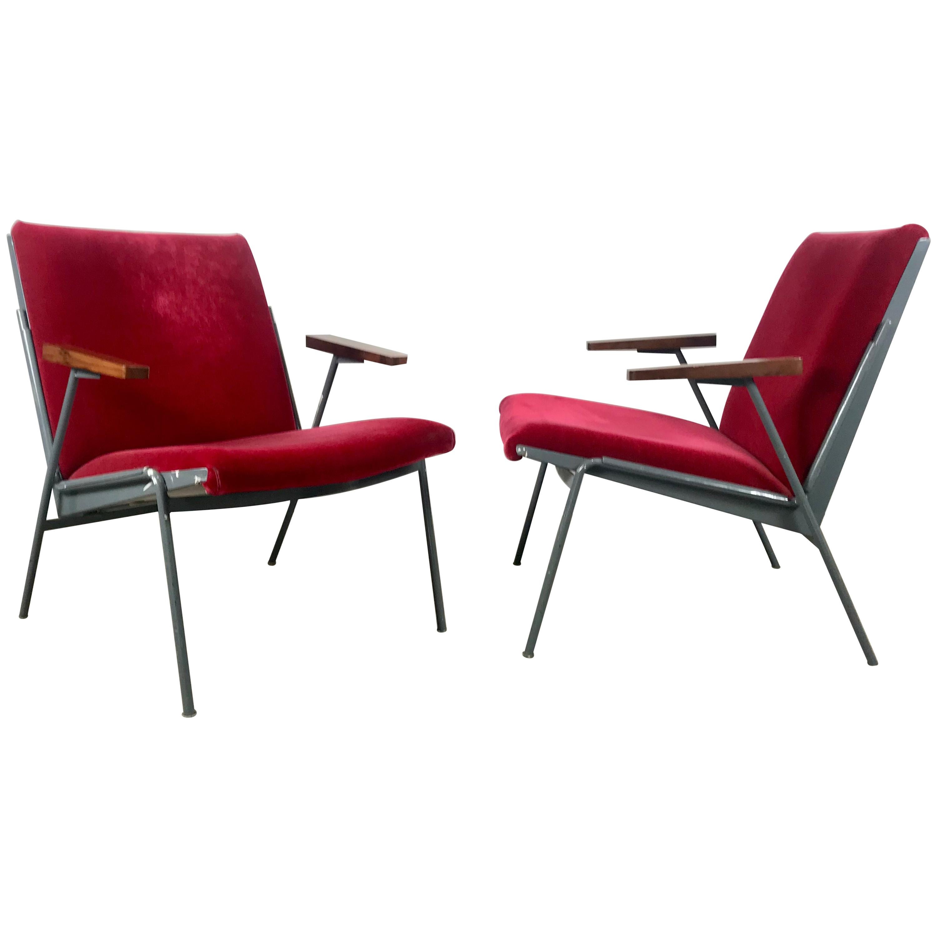 Matched Pair of French Modernist Lounge Chairs in Red Mohair after Jean Prouve