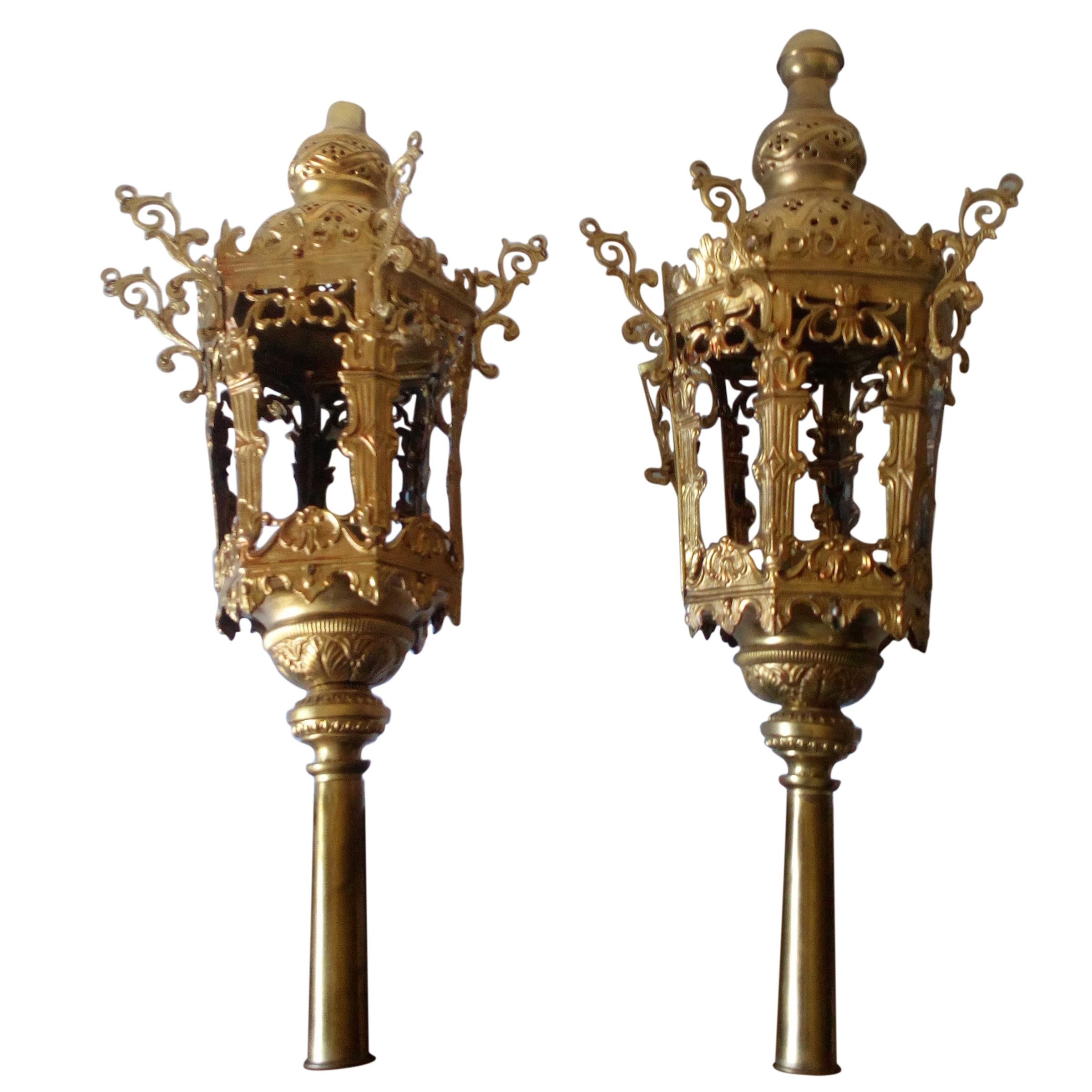 Pair of Italian Processional Lamps, Made in Brass 24-Karat Gold Gilted For Sale