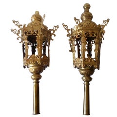 Pair of Italian Processional Lamps, Made in Brass 24-Karat Gold Gilted