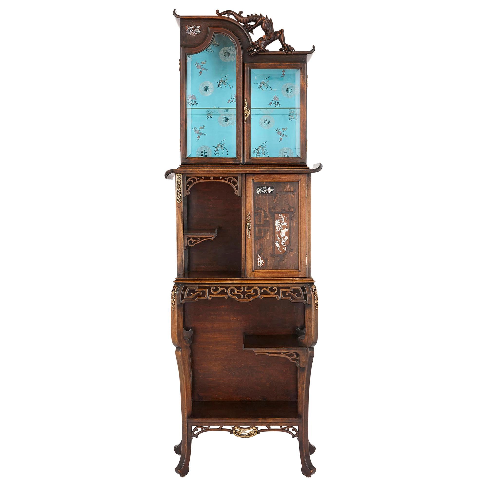 Japonisme Mother of Pearl Inlaid Hardwood Display Cabinet after Viardot For Sale