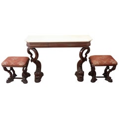 Antique 19th Century Italian Mahogany Carved Marble Top Console Table with Two Stools