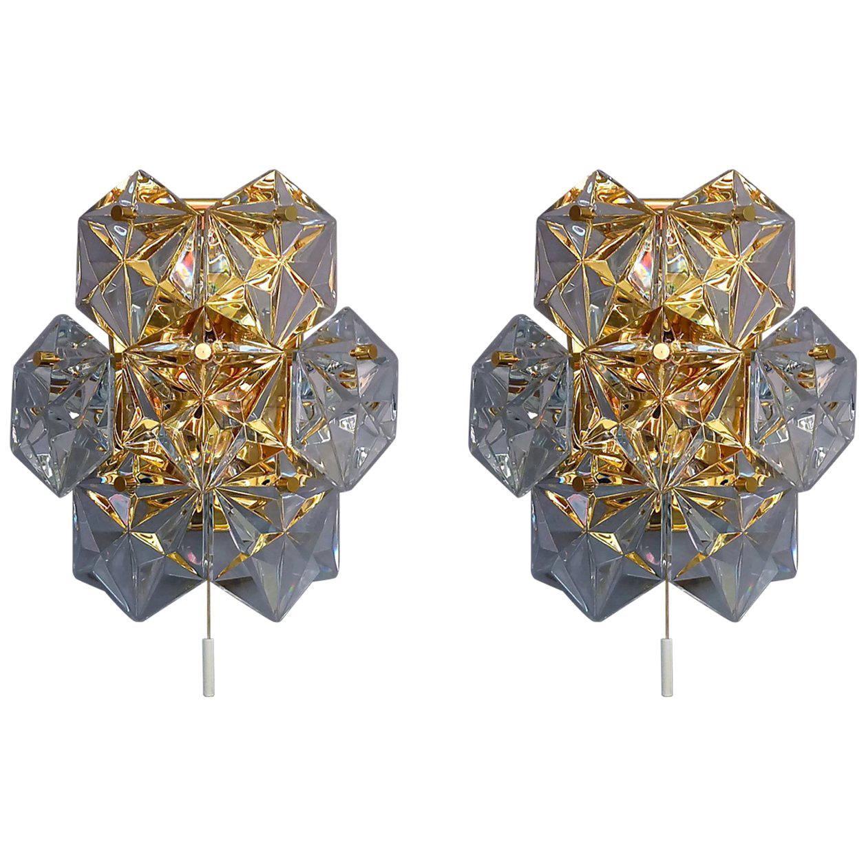 Pair of Gilt Brass Metal Faceted Crystal Glass Sconces Wall Lights Kinkeldey