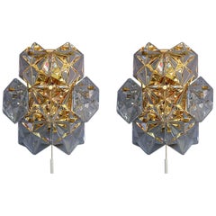 Pair of Gilt Brass Metal Faceted Crystal Glass Sconces Wall Lights Kinkeldey