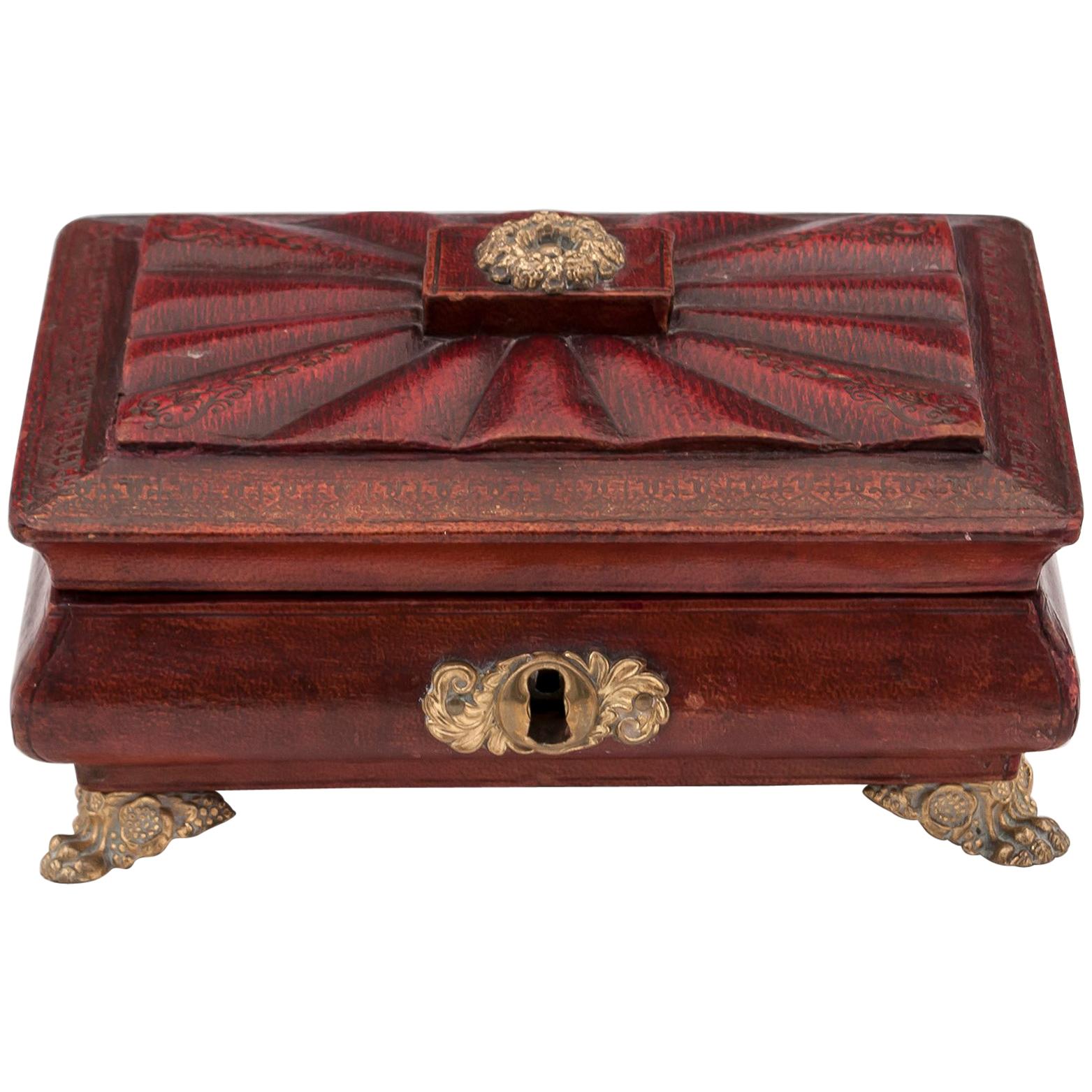 Regency Antique Red Leather Brass Bone Sewing Needlework Box For Sale