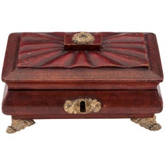 Regency Antique Red Leather Brass Bone Sewing Needlework Box