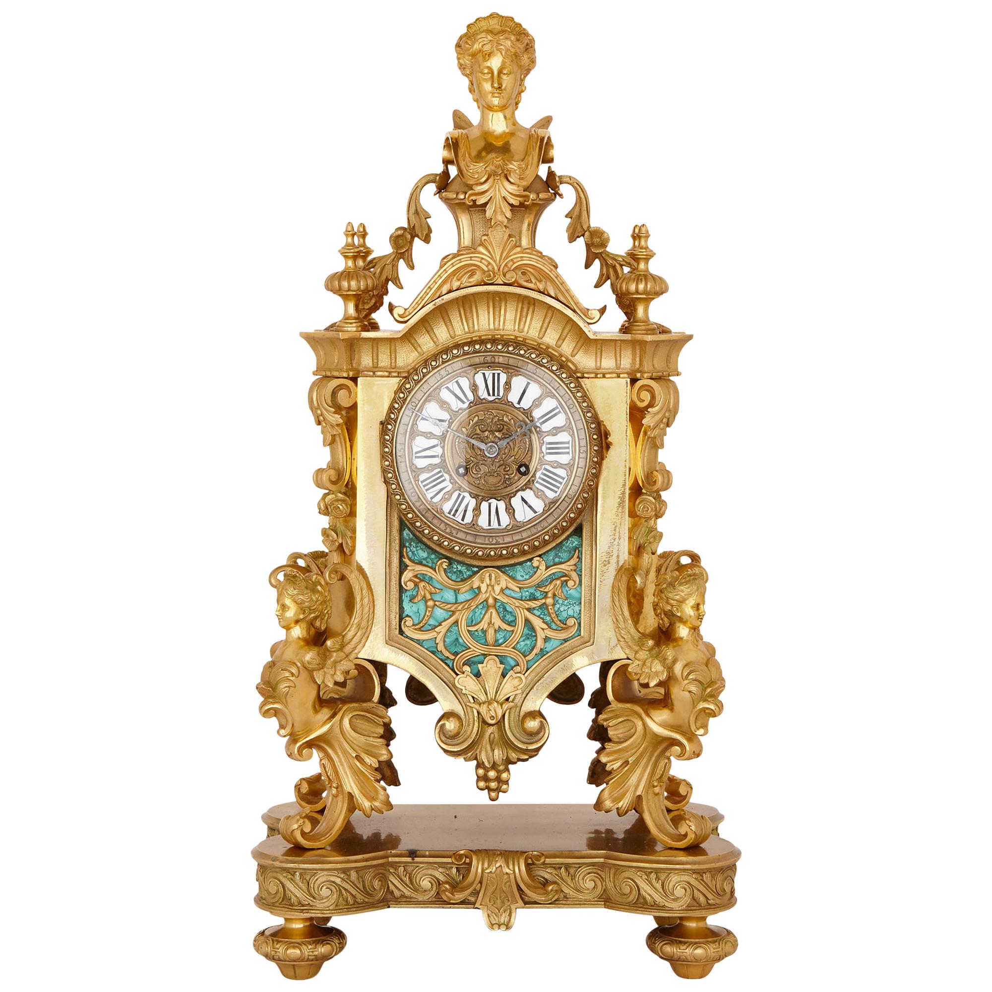Louis XV Style Gilt Bronze and Malachite Mantel Clock