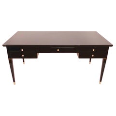 French Art Deco Desk with Thin Drawers and Metal Sabots in Black Piano Lacquer