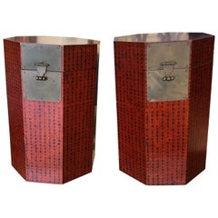 Pair of Chinese Octagon Red Calligraphy Trunks or Side Tables