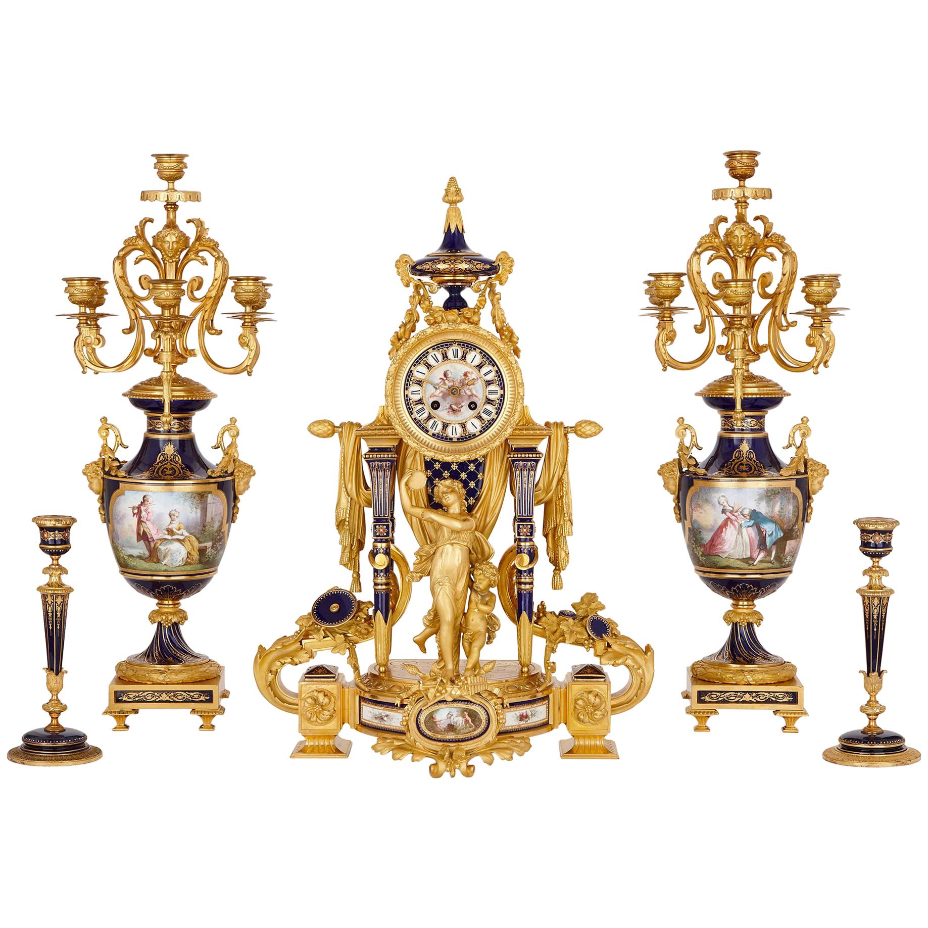 Sèvres Style Gilt Bronze Mounted Porcelain Clock Set