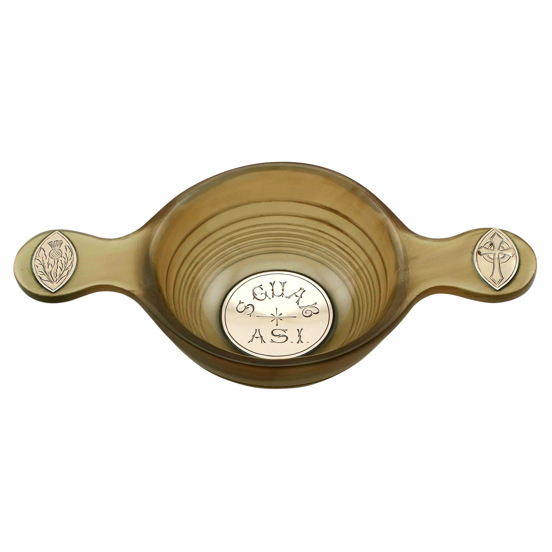 Antique Scottish Horn and Yellow Gold Quaich, circa 1890 For Sale