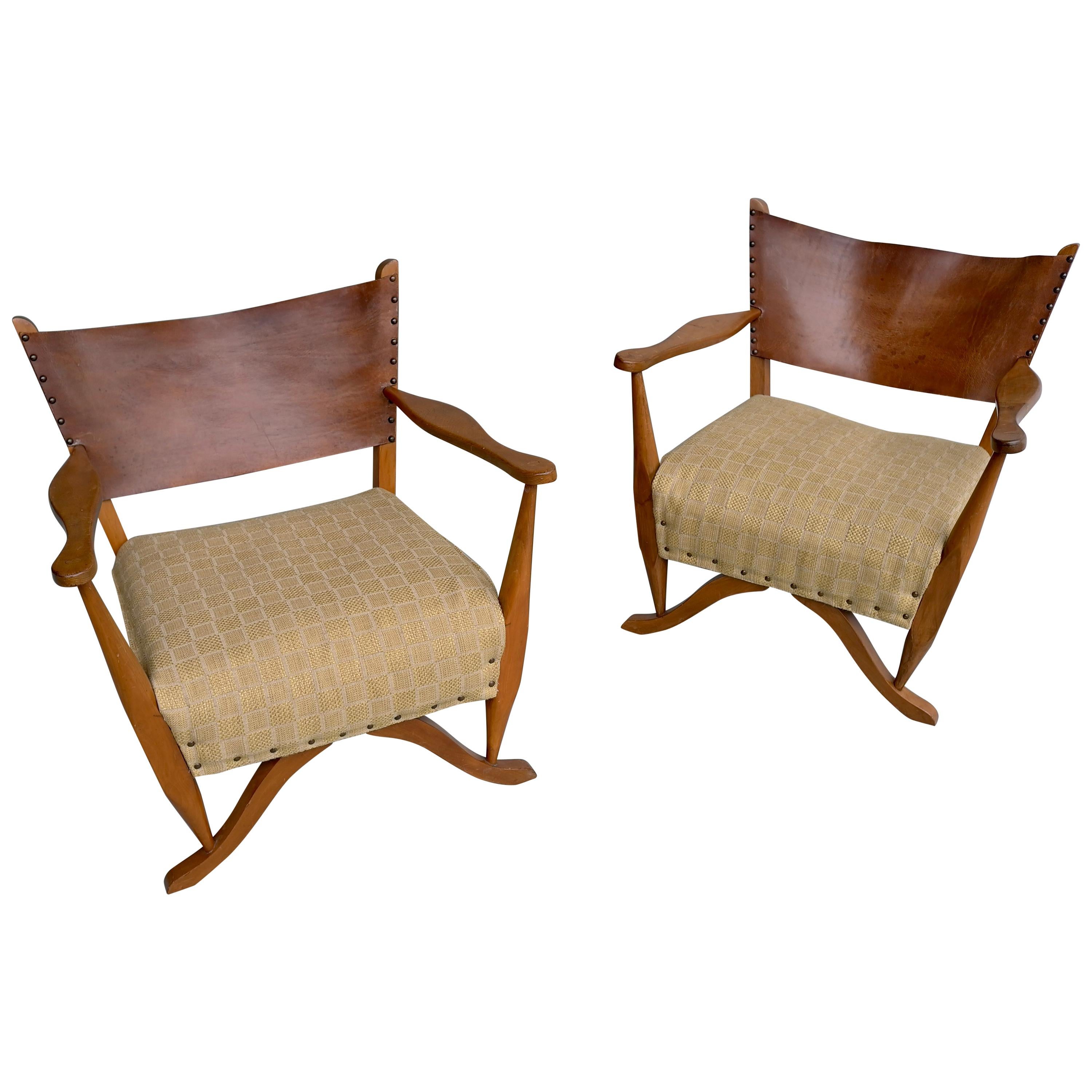 Pair of Mahogany Armchairs with Natural Sling Leather Back, Denmark, 1960s