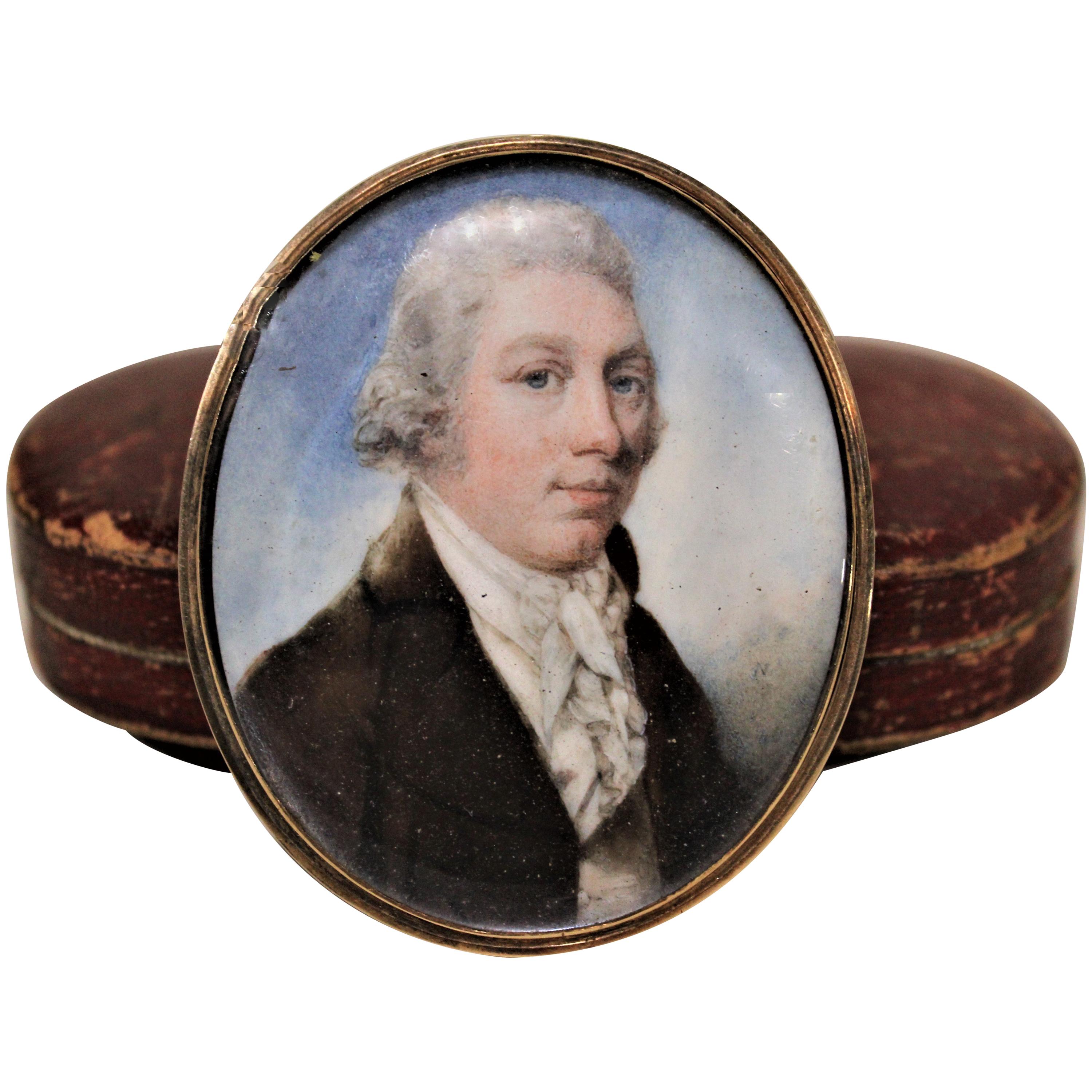 Antique Miniature Portrait on Bone with Fitted Case 14-Karat Yellow Gold Brooch For Sale
