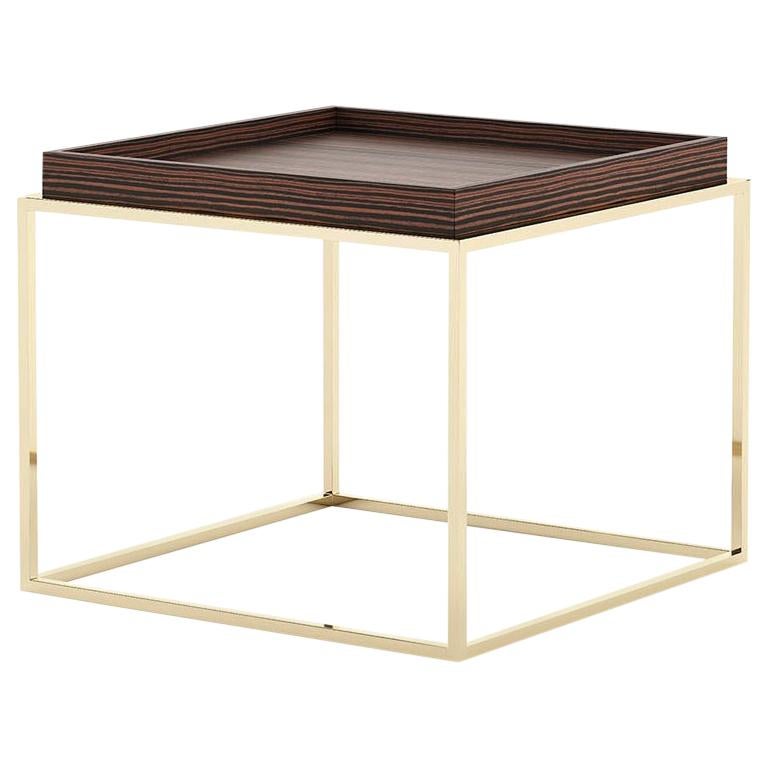 Square Gold Legs Side Table with Matte Wooden Top
