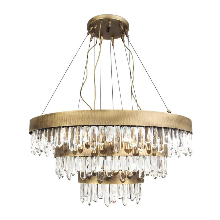Crystal Sticks Triple Chandelier in Antique Brushed Brass For Sale at