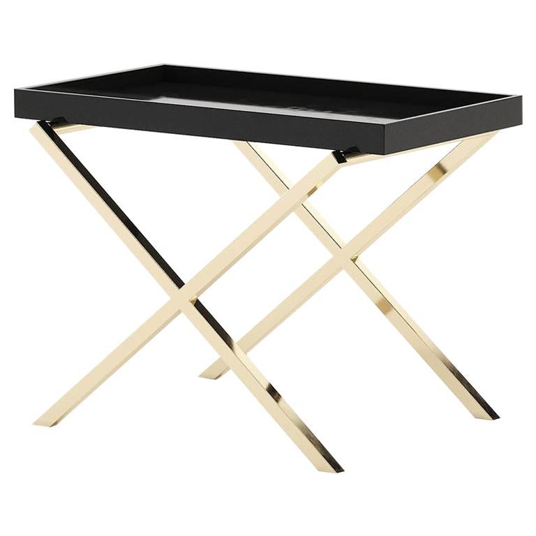 Cross Gold Legs Side Table with Varnished Black Oak Top at 1stDibs