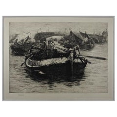 Drypoint Etching 'Heave Away, Barges Upward Bound, Shooting Rochester Bridge'