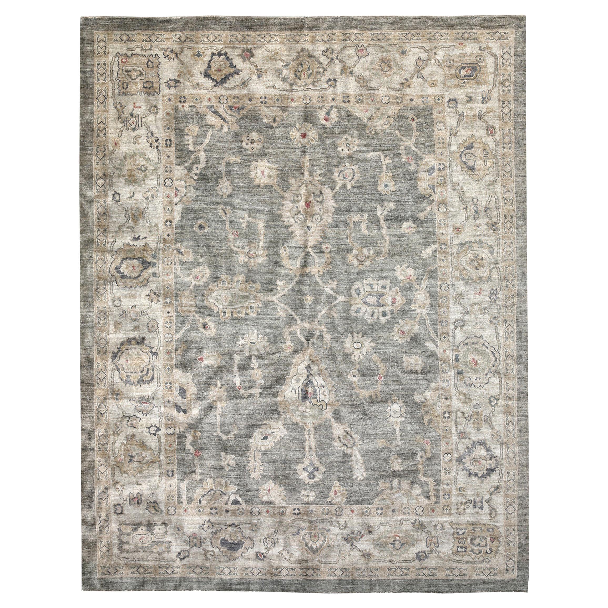 Beige and Brown Contemporary Handmade Wool Turkish Oushak Rug For Sale