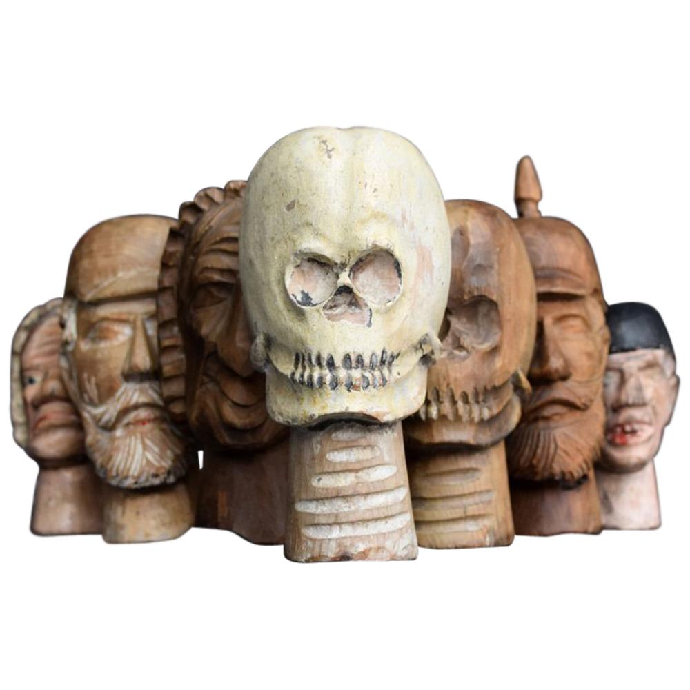 Early 20th Century German Folk-Art Carved Wooden Puppet Heads