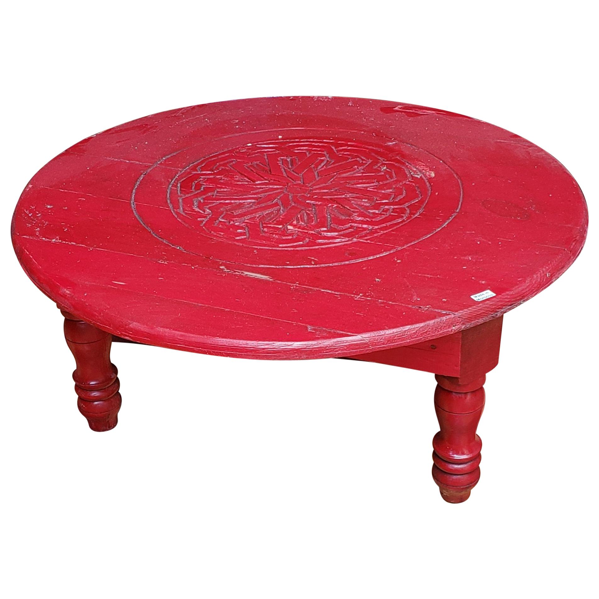 Moroccan Hand Carved Wooden Side Table, Red Round