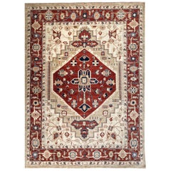 Red and Ivory Contemporary Handmade Wool Turkish Oushak Rug