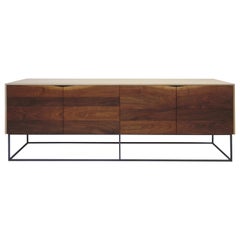 Handcrafted Classic Modern Credenza of Natural White Oak, Walnut, and Steel Base