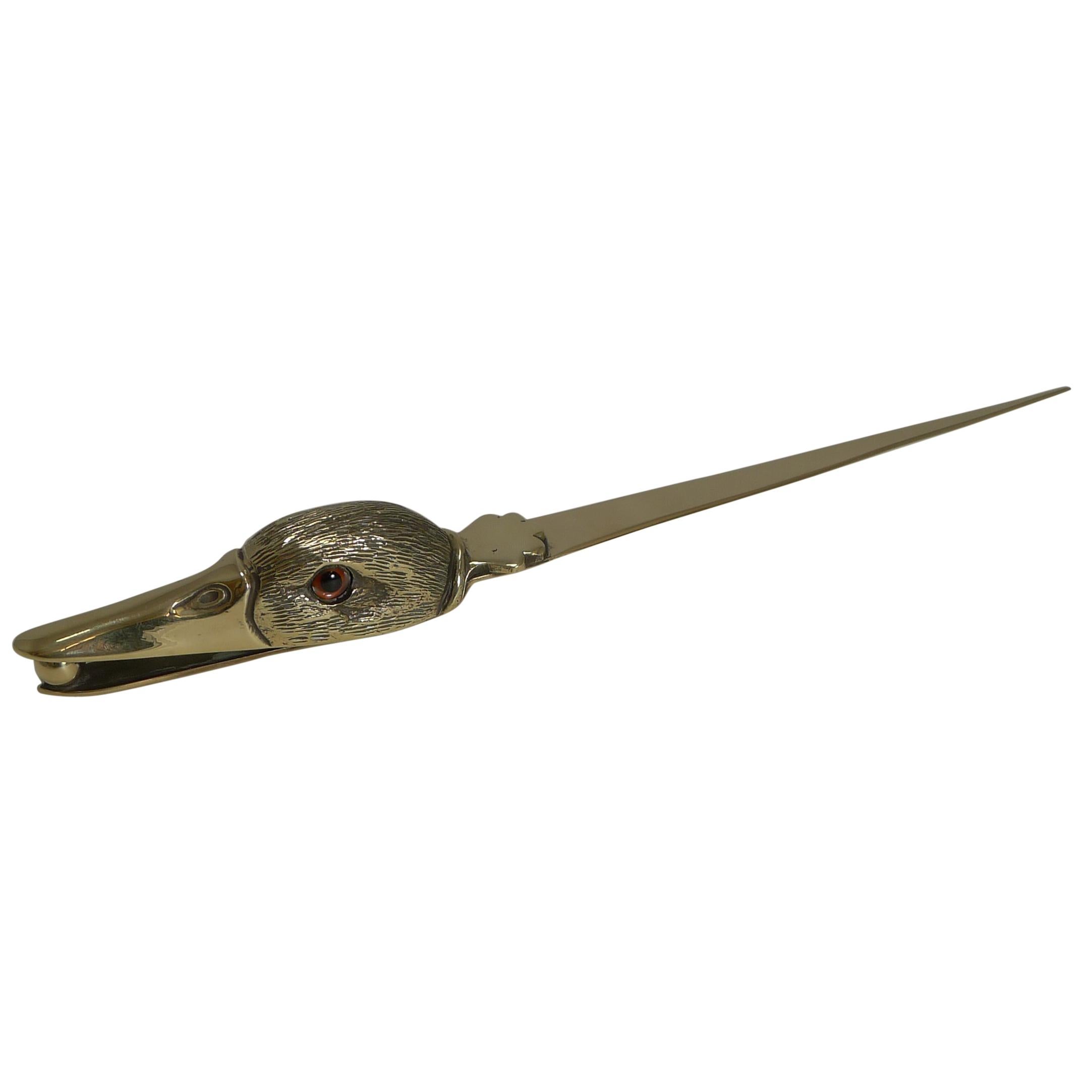 Antique Polished Brass Novelty Letter Opener, Duck With Glass Eyes, circa 1900