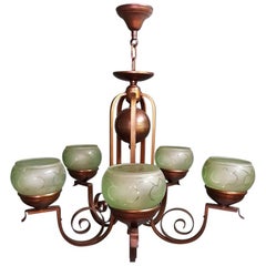 1930s Dutch Art Deco Bronze Colored Chandelier with Green Glass Lampshades