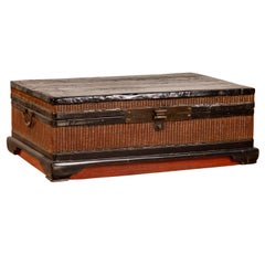 1900s Wooden Treasure Chest with Rattan Accents and Dark Brass Hardware