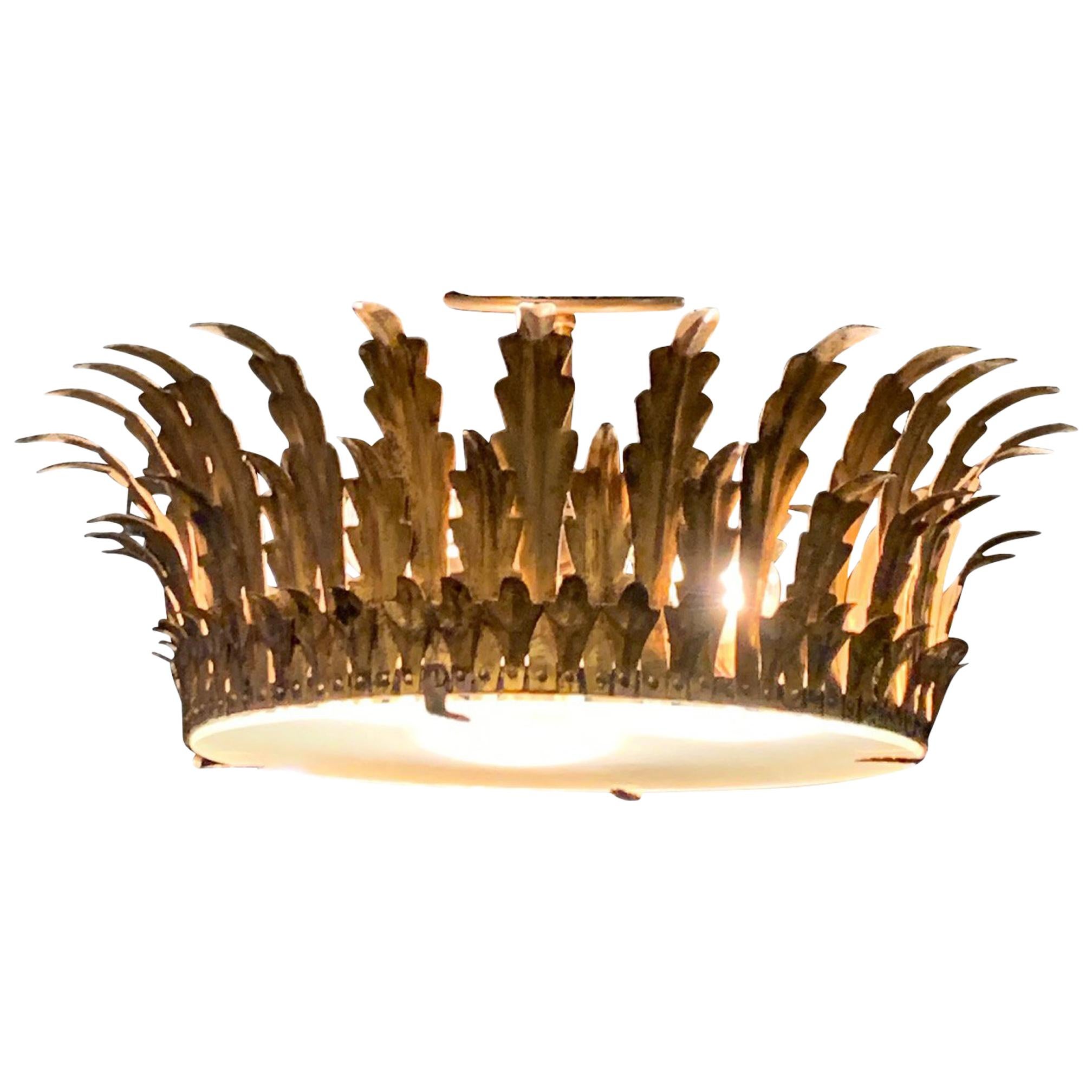 Gold Gilt Metal Crown Chandelier, Spain, Midcentury