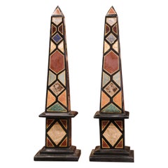 Pair of Antique Italian Carved Empire Grand Tour Marble Obelisks on Square Bases