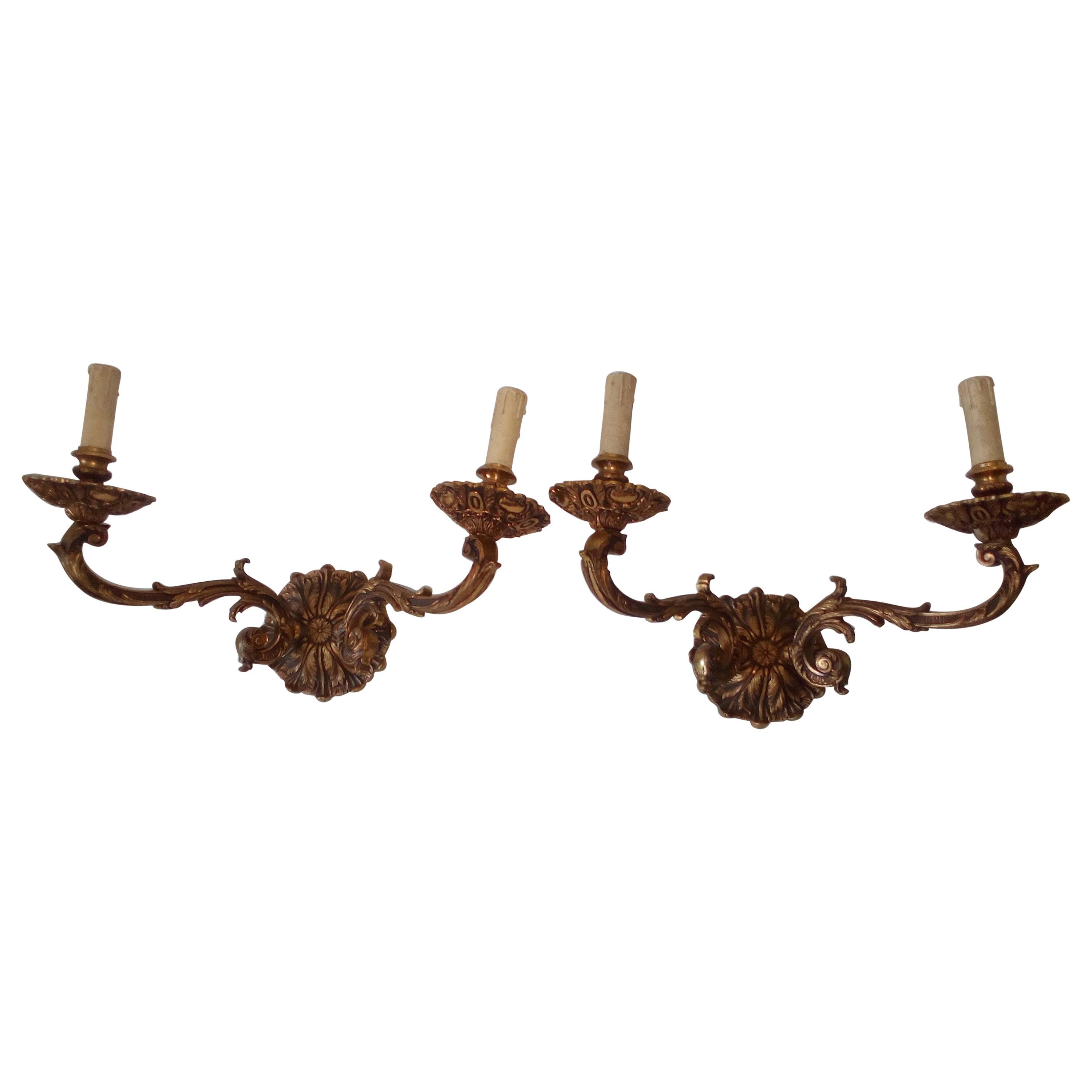 Pair of 20th Century Louis XIV Sconces, Italy 1930, Bronze Gilted 24-Karat For Sale