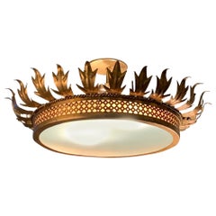 Gold Gilt Metal Crown Chandelier, Acanthus Leaf Design, Spain, Midcentury