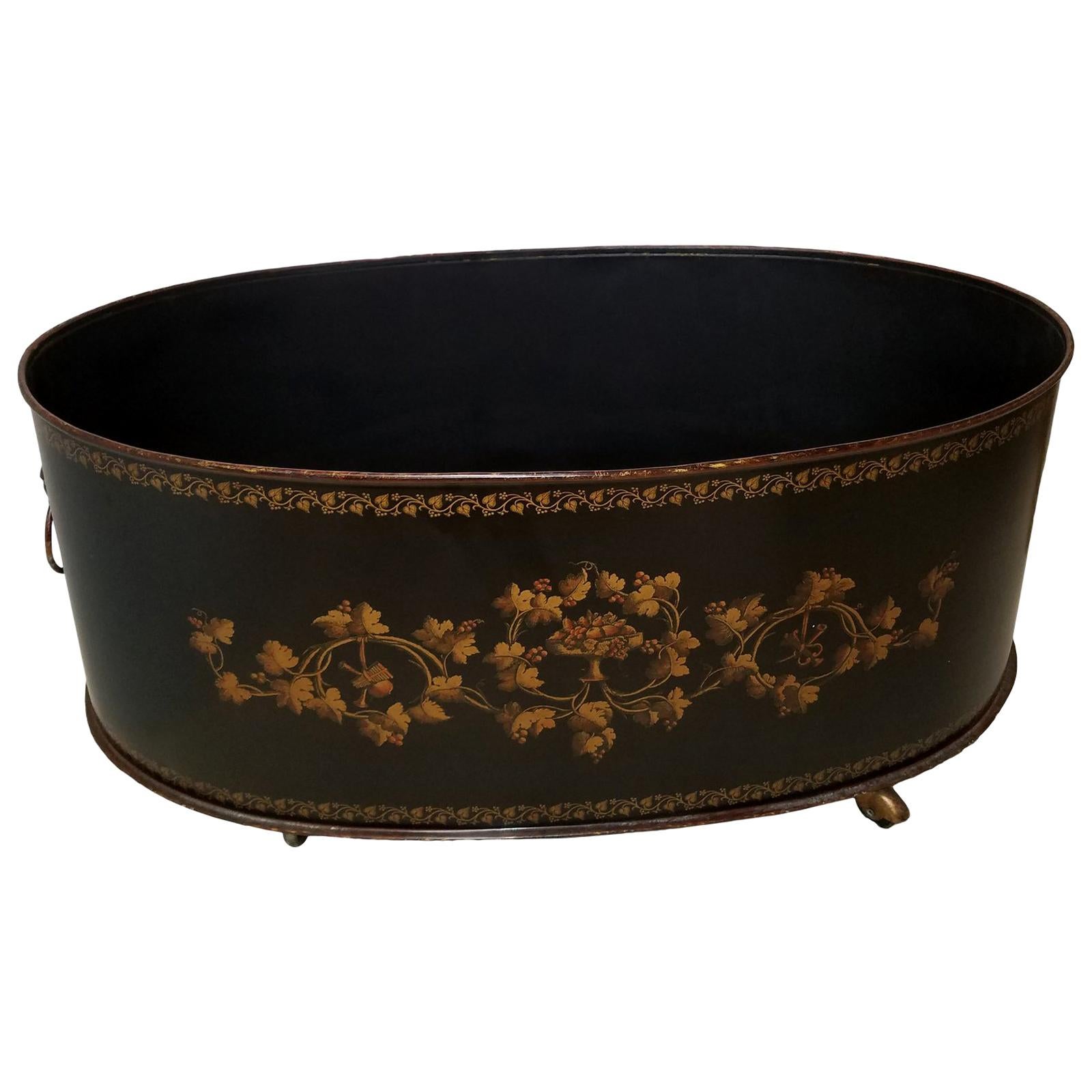 Grand Scale English Regency Oval Tole Planter with Lion Ring Handles on Castors