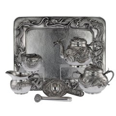 Antique Japanese Solid Silver Dragon Tea Service on Tray, Shokosha, circa 1900