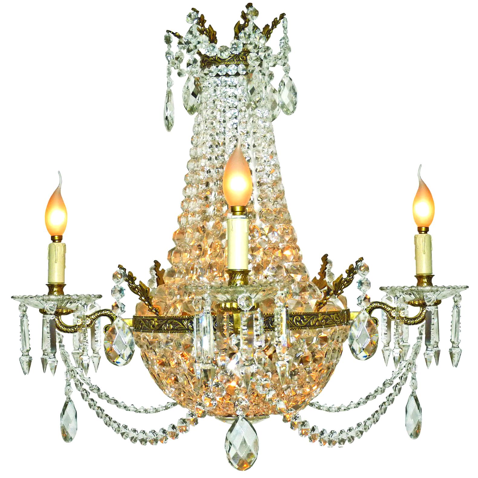 French Louis XVI Regency Empire Cut Crystal & Bronze 10-Light Basket Chandelier