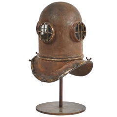 Antique Early 20th Century Metal Diver Helmet on Stand