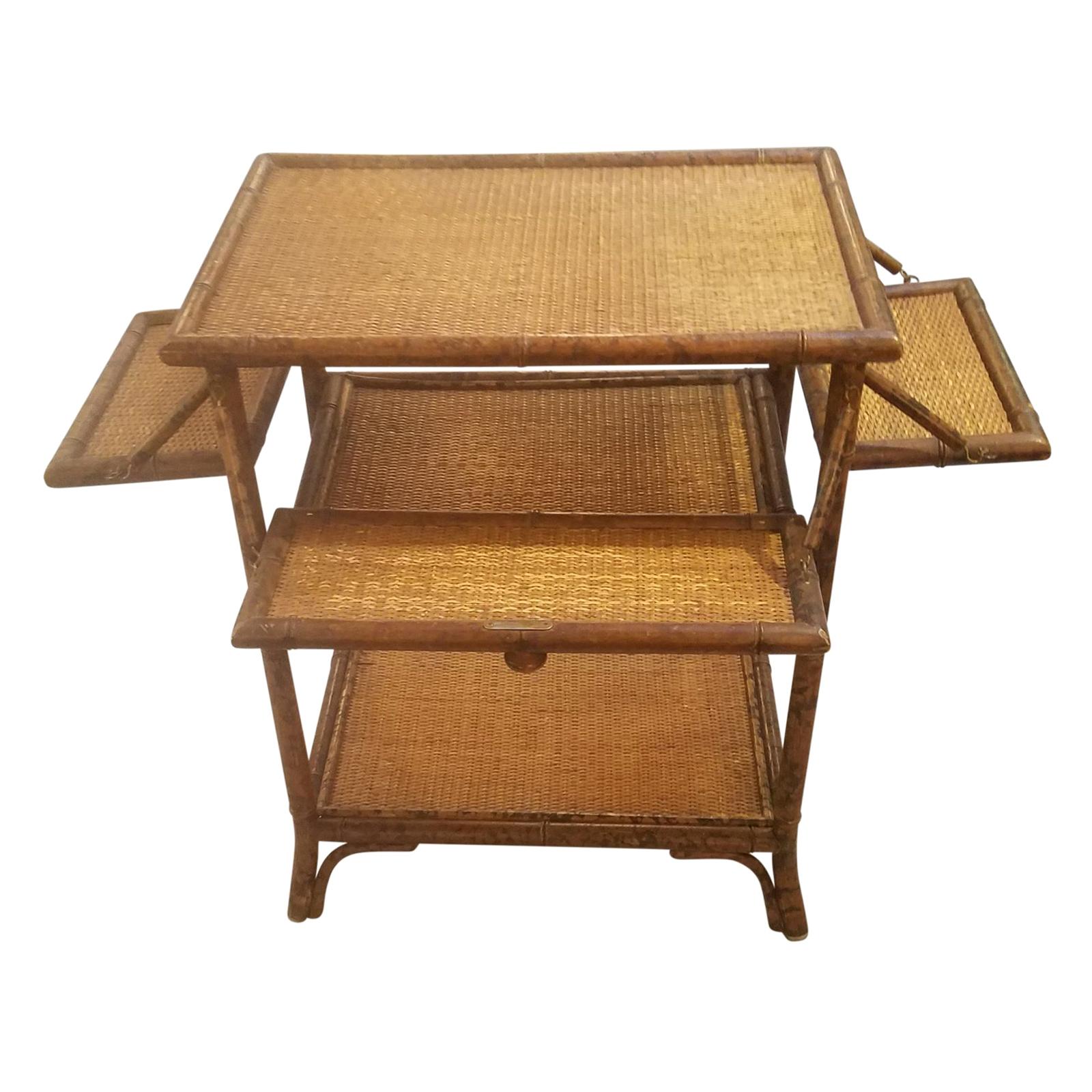 1930s Victorian Tortoise Bamboo End Table with Fold Out Shelves