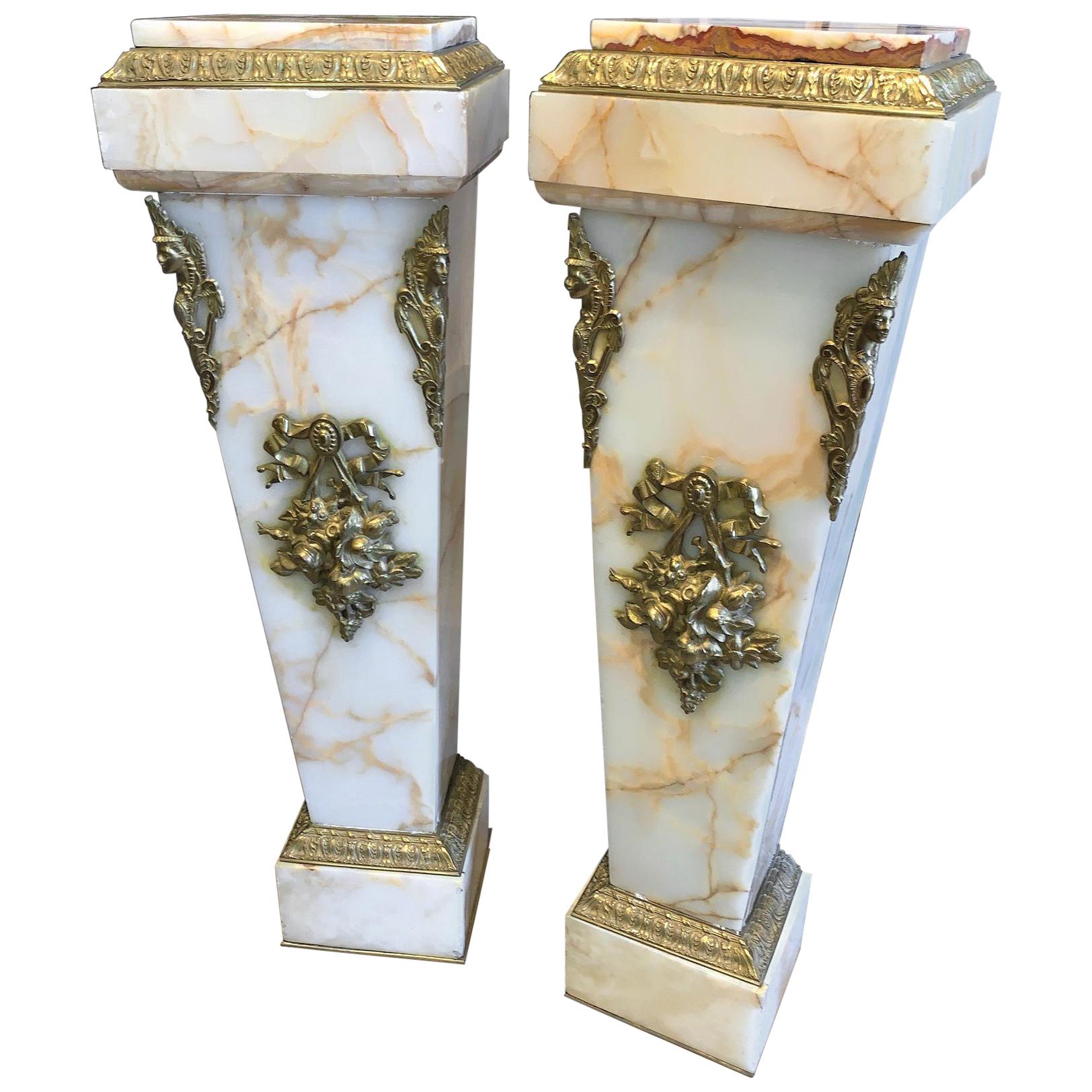 19th Century Pair of French Marble and Onyx Pedestals