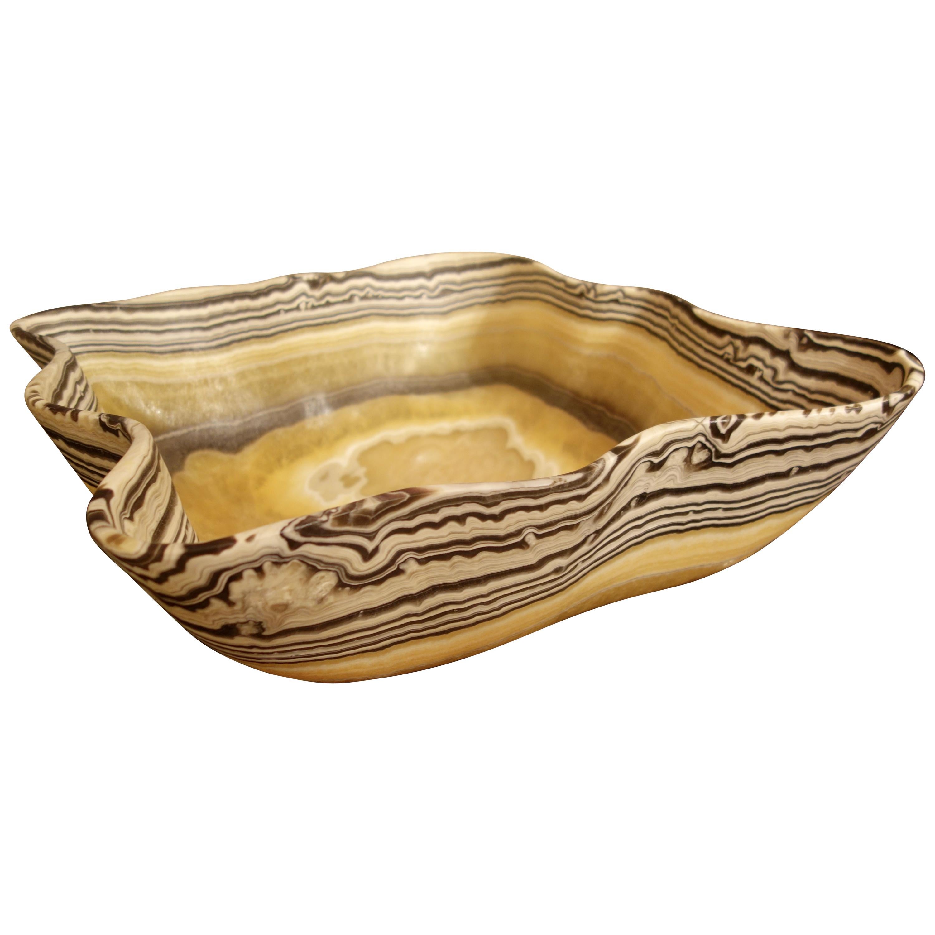 Large Hand Carved Onyx Bowl or Centerpiece in Gold, Gray and White