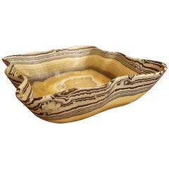 Large Hand Carved Onyx Bowl or Centerpiece in Gold, Gray and White