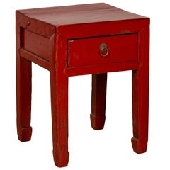 Chinese Early 20th Century Red Lacquer Stool with Drawer and Horse-Hoof Legs