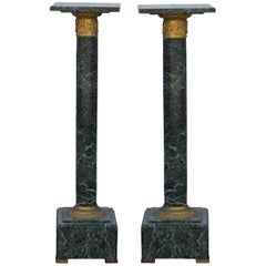 Pair of French Verde Green Marble Column Pedestals with Bronze Capital Detail