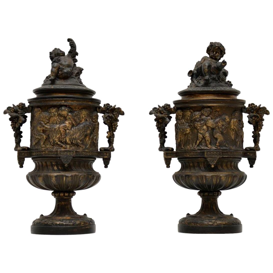 Pair of Antique Neoclassical Bronze Urns