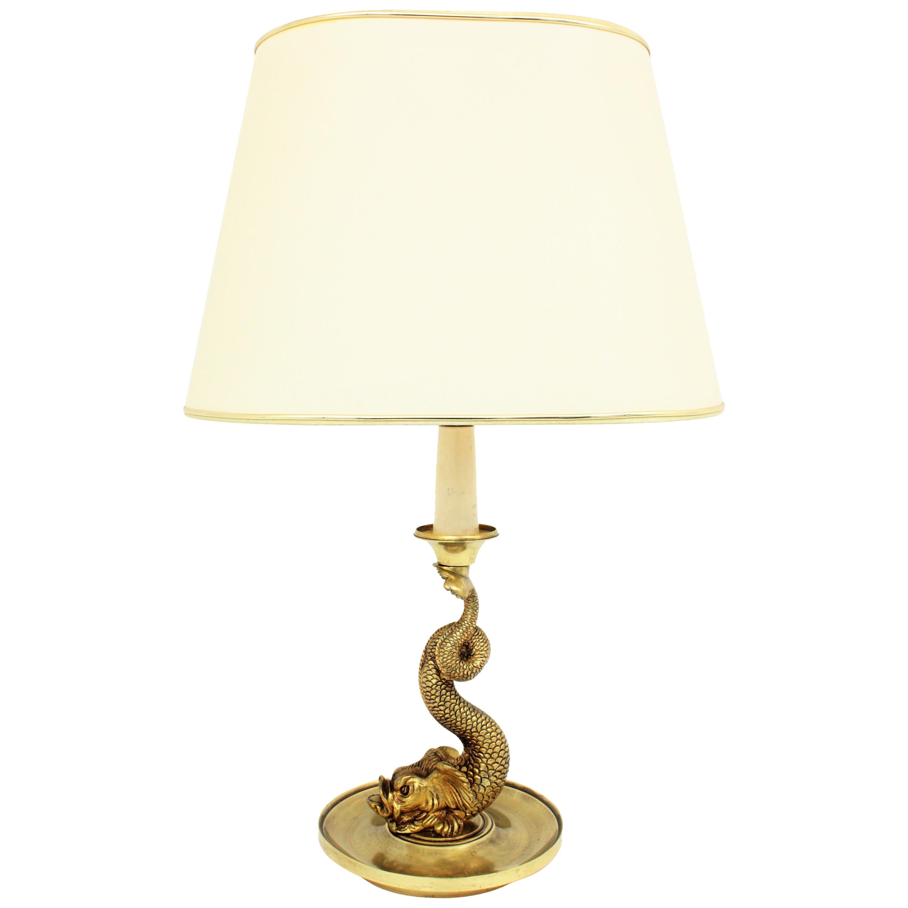 French Mid-Century Modern Koi Fish Brass Table Lamp or Desk Lamp with Shade