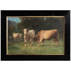 Antique Oil Painting O Charolais Bulls, France, circa 1892
