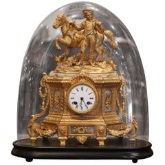 Antique 19th Century French Ormulu and White Marble Mantel Clock with Wood Base and Dome