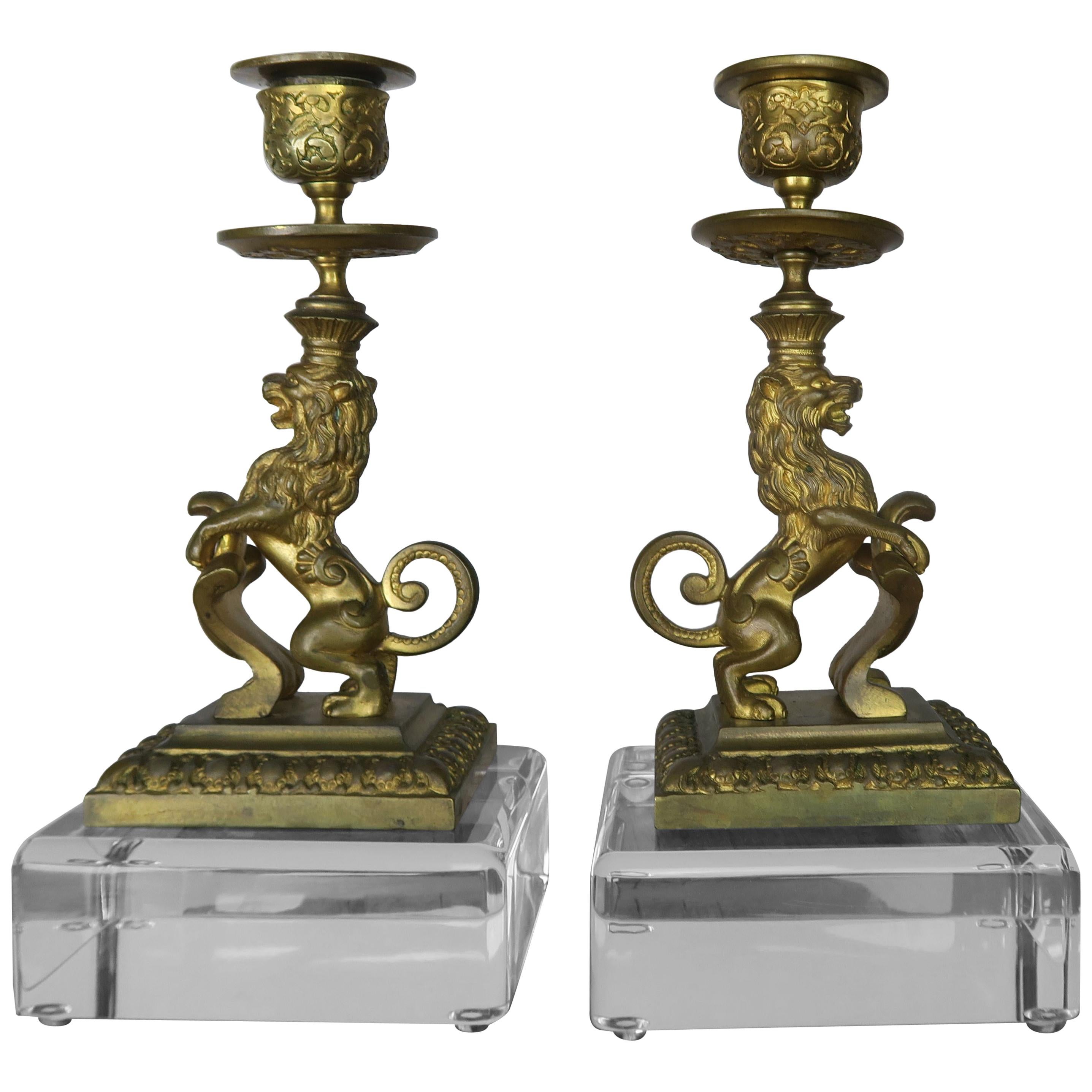 Bronze Lion Candleholders on Lucite Bases, Pair