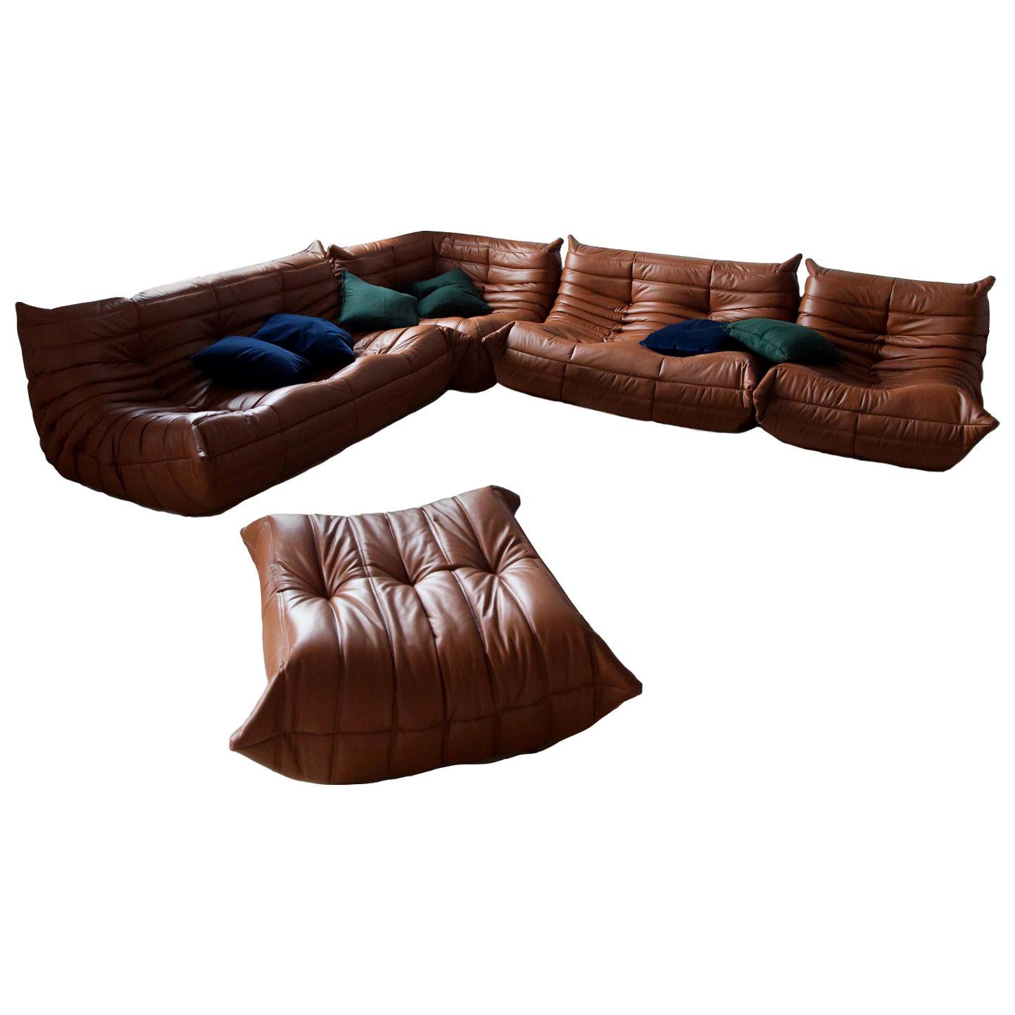 Cognac Leather Togo Living Room Set by Michel Ducaroy for Ligne Roset For Sale