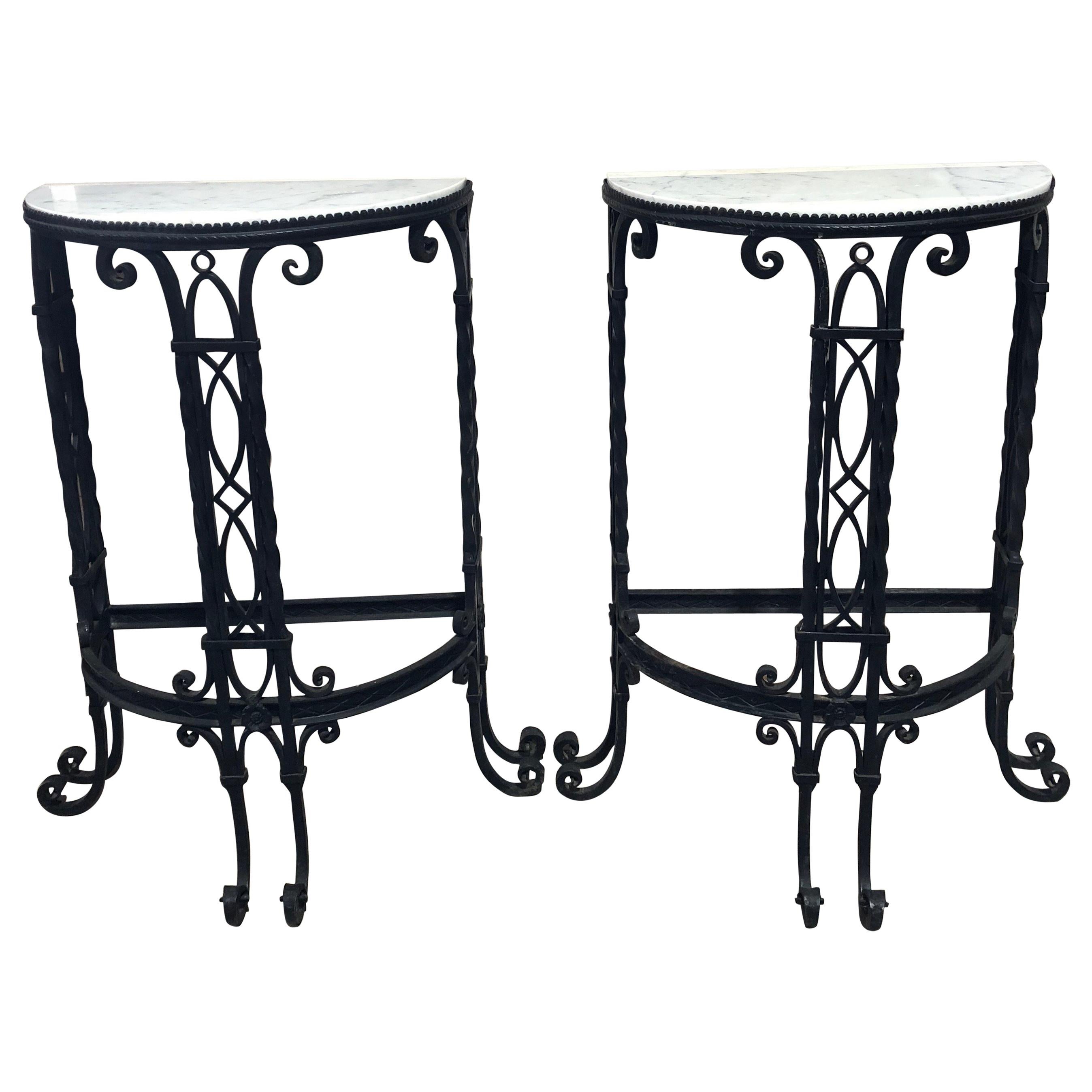 Antique French Demilune Iron and Marble Tables For Sale